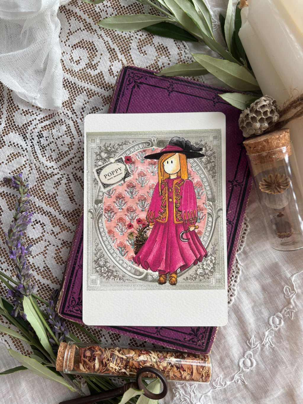 Illustration sorcière bohème sur fond rose