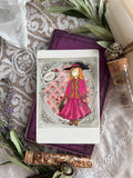 Illustration sorcière bohème sur fond rose