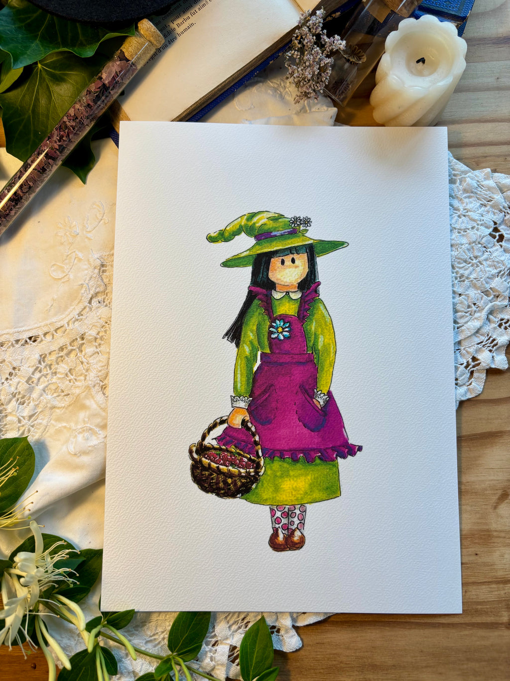 Illustration la sorcière au panier de fraises