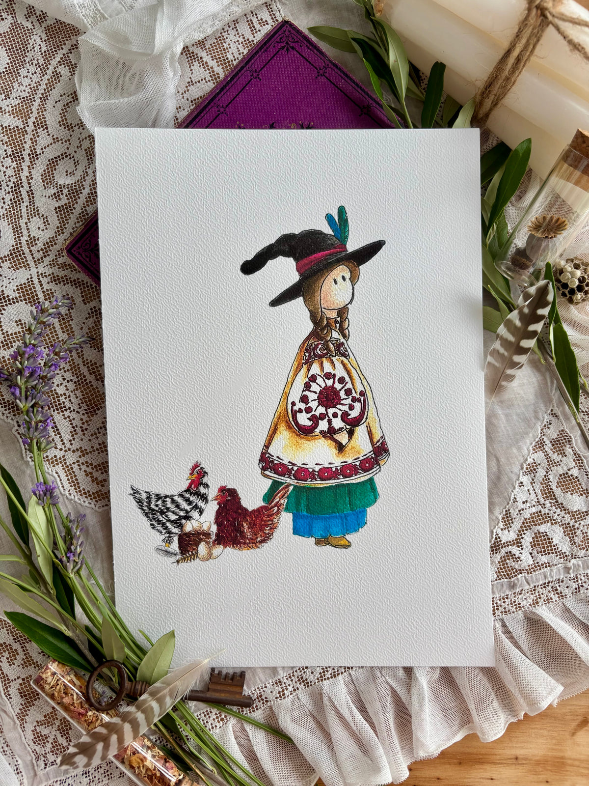 Illustrations la sorcière folklorique aux poules