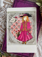 Illustration sorcière bohème sur fond rose