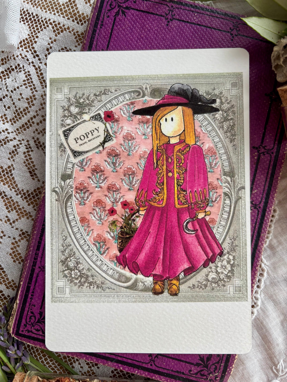 Illustration sorcière bohème sur fond rose