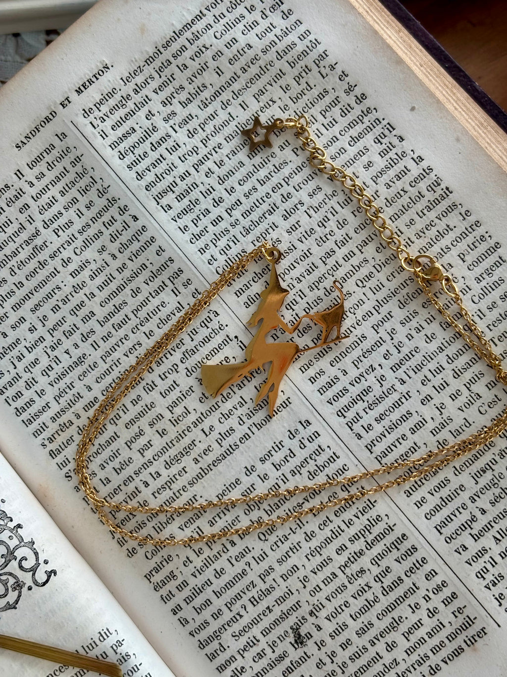 Collier moyenne sorcière sur son balai avec son chat