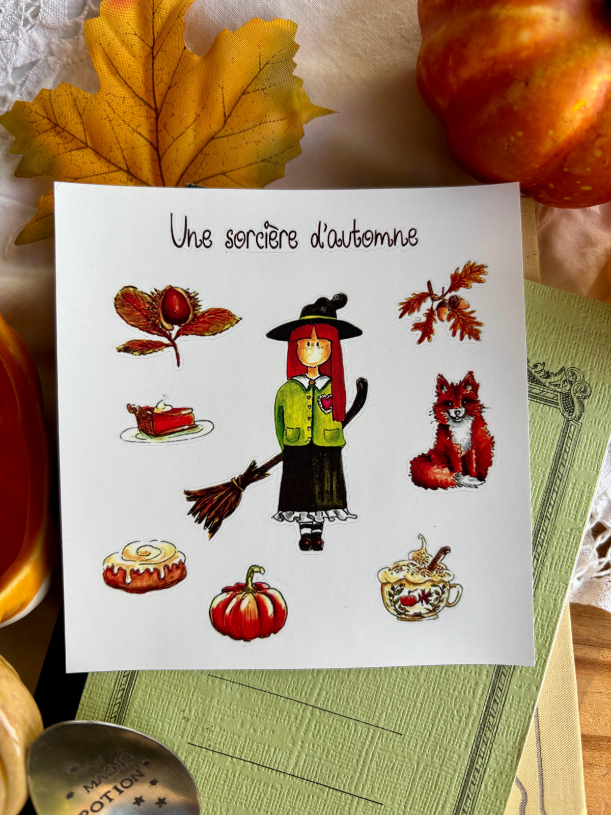 Planche de stickers - une sorcière d’automne