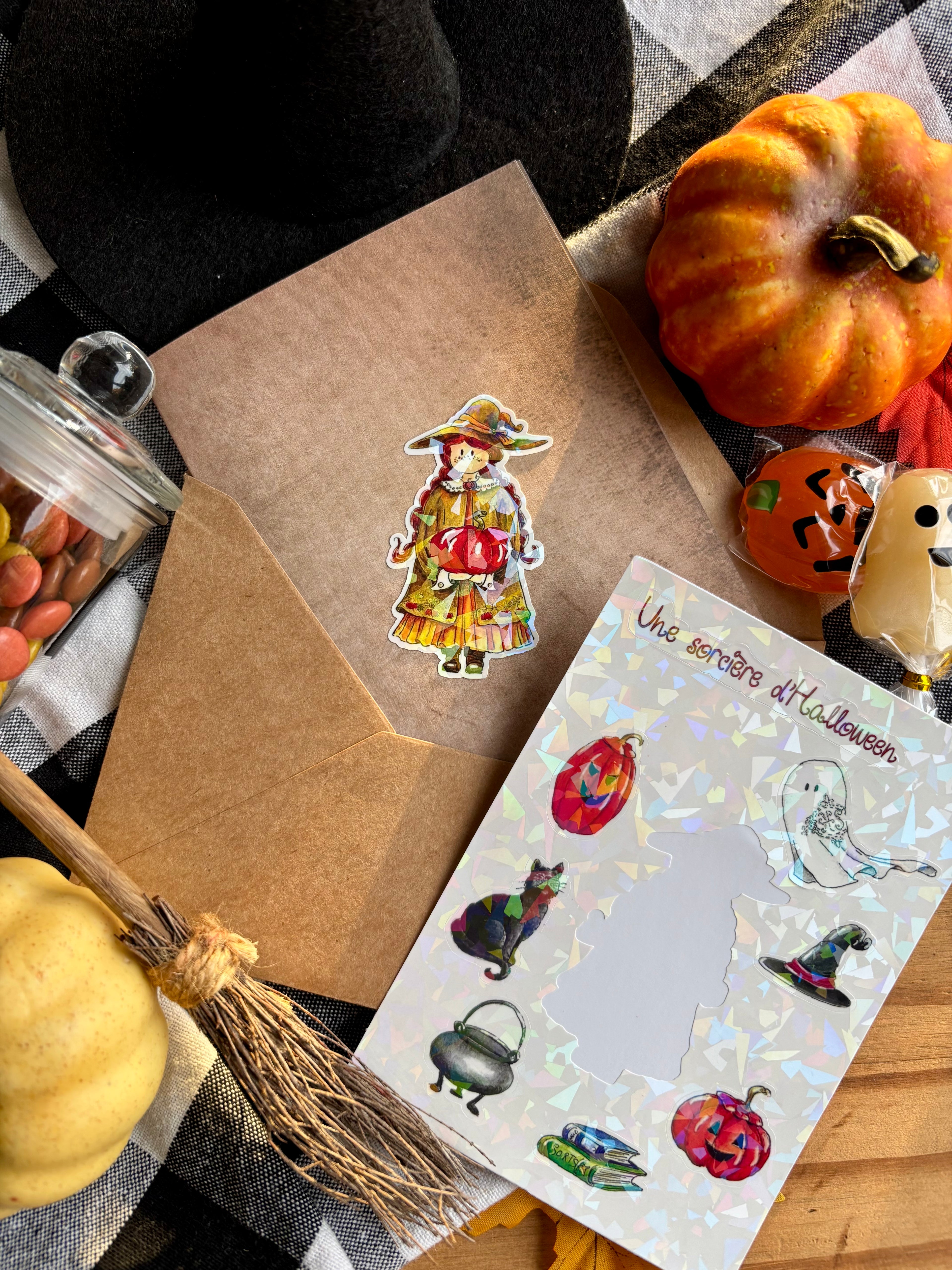 Planches de stickers holographique - une sorcière d’Halloween